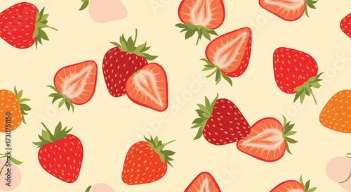 Seamless pattern of fresh ripe strawberries and peach slices.