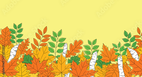 A border of colorful autumn leaves on a light yellow background.