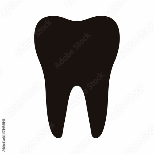 Black tooth silhouette on white background representing dental health and care