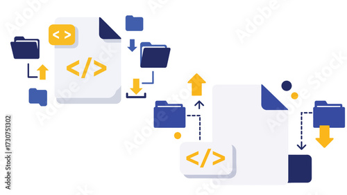 Document icon with code symbol and digital file exchange concept_2 style variations