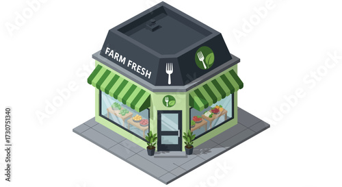 Isometric illustration of a farm fresh food store with green awnings.