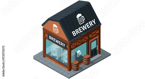 Isometric illustration of a brewery building with barrels outside.