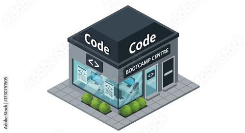 Isometric illustration of a coding bootcamp center building with 'Code' signage.