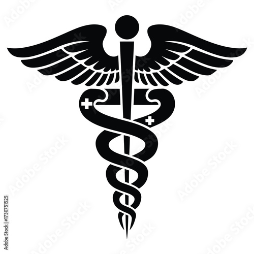 Black & White Medical Logo: Caduceus, Wings, Stars, and Cross