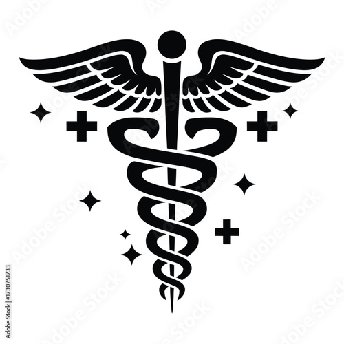 Black & White Medical Logo: Caduceus, Wings, Stars, and Cross