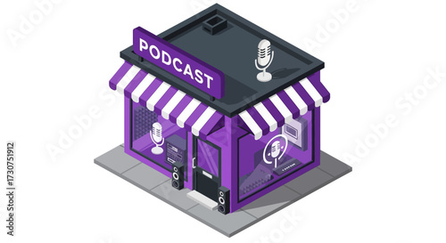 Isometric illustration of a podcast studio or shop with purple and white striped awning and microphone signs.