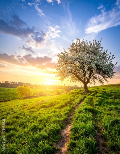 Spring sunset over a meadow