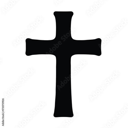 A simple black Christian cross symbolizing faith and belief on a white background