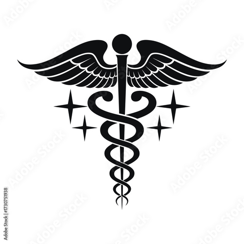 Black & White Medical Logo: Caduceus, Wings, Stars, and Cross