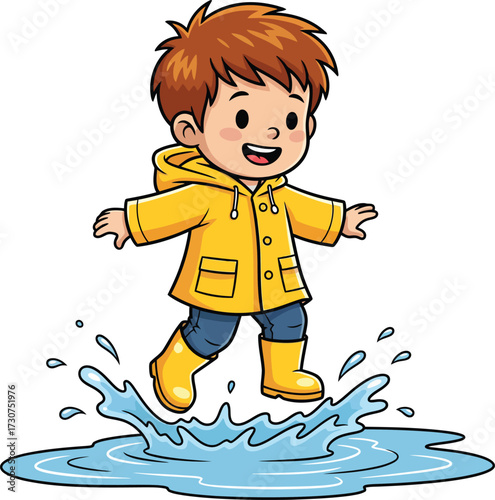 Happy cartoon boy in a yellow raincoat and rain boots jumping in a water puddle. Cheerful child playing outside in the rain. Fun rainy day activity vector illustration.
