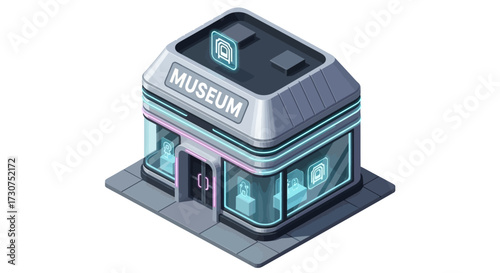 Isometric museum building with glass walls and a sign that says museum.