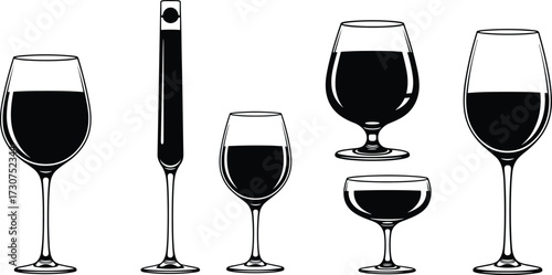 Set of six elegant wine glasses filled with red wine, assorted glassware shapes for tasting, drinking, serving, bar collection background