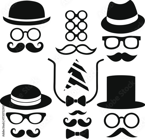 Retro gentleman's set. smoking pipe, top hat,eyeglasses, bow tie, mustache, smoke. Father's day set. Fashion vintage retro old hipster style. 