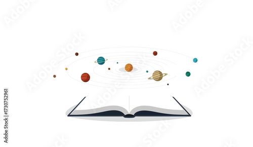 An open book with planets orbiting above, representing knowledge and the universe.