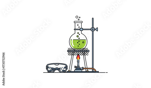 Illustration of a round bottom flask with green liquid being heated by a Bunsen burner, with safety goggles nearby.