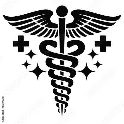 Black & White Medical Logo: Caduceus, Wings, Stars, and Cross