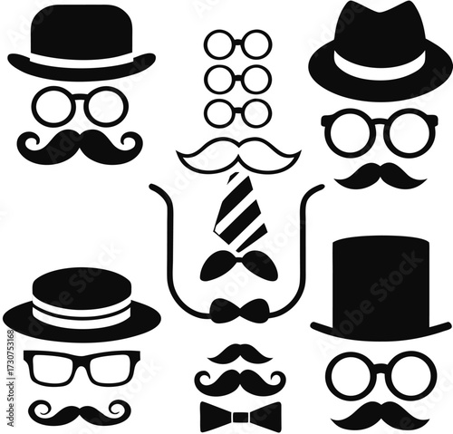 Retro gentleman's set. smoking pipe, top hat,eyeglasses, bow tie, mustache, smoke. Father's day set. Fashion vintage retro old hipster style. 