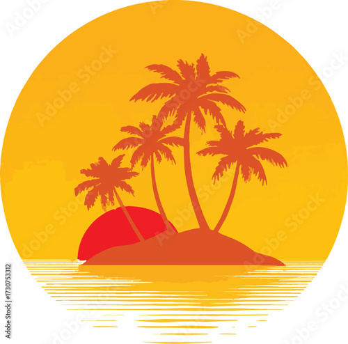 Vector art of tropical island with palm trees at sunset