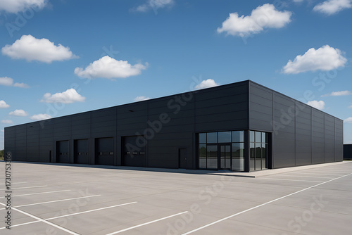 Logistics center, warehouse or large retail store under a blue sky.