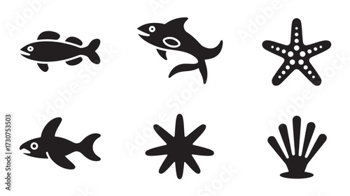 Set of sea life icons minimalist black glyphs of fish starfish and shells vector design elements isolated on white background