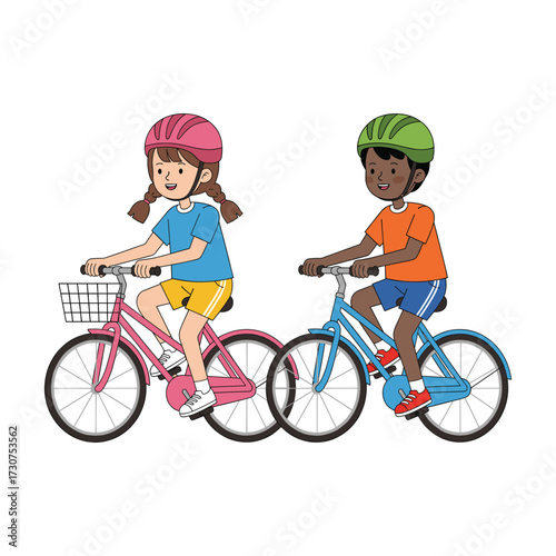 Diverse children happily riding bicycles together, wearing helmets for safety