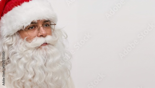 Santa Claus in a festive outfit with a white beard and glasses