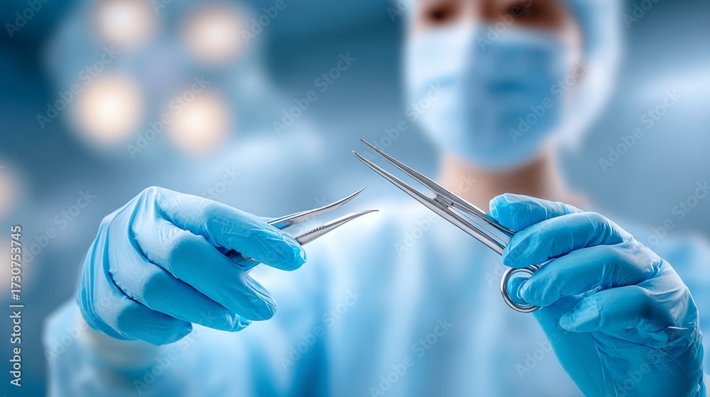 Fototapeta premium Surgeon prepares to perform a delicate operation in a modern operating room with bright lights and sterile environment