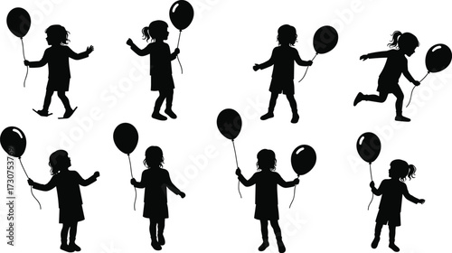 Balloon child silhouette, playful poses, artistic shadows, girl with balloon, running motion, expressive gestures, childhood animation, silhouette dance, joy, whimsical moment