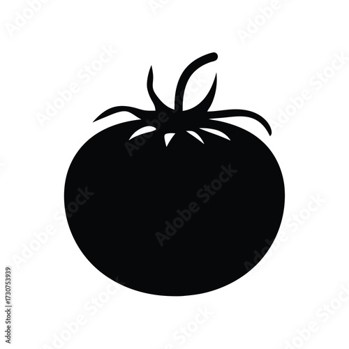 Black silhouette of a ripe tomato on a white background, simple vegetable art