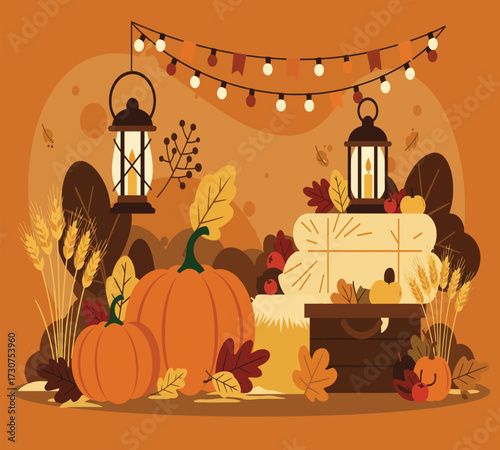 Vector art of a festive thanksgiving arrangement with pumpkins, lanterns, wheat, and autumn leaves, creating a warm and inviting atmosphere for the holiday celebration perfect for seasonal greetings