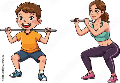 Cartoon boy and woman, barbell squats, fitness pose, strength training, workout outfit, healthy lifestyle, white background, stock illustration, exercise form