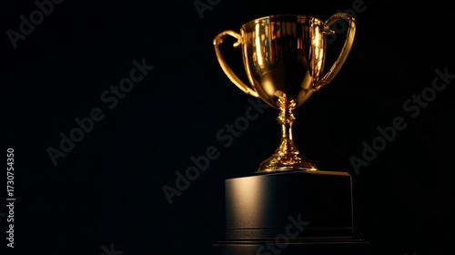 A golden shiny trophy with classic design, featuring two handles and a cup mouth, stands on a black base,