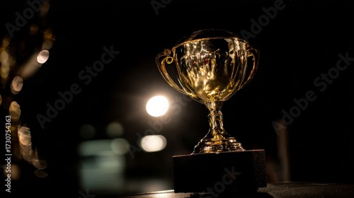 A gleaming golden award trophy stands prominently against a dark background,