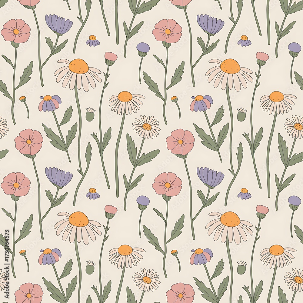 Fototapeta premium Wildflower Seamless Digital Pattern – Rustic Botanical Paper with Hand-Drawn Flowers, Leaves, and Nature Background for Scrapbooking & Crafts