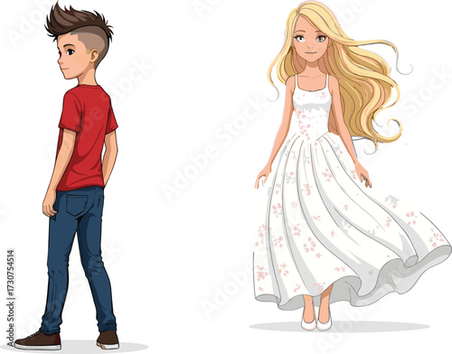 Cartoon boy and girl, stylish outfits, standing pose, floral dress, confident expression, white background, character design, stock illustration