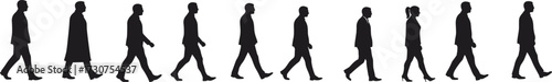 Walking people silhouettes, human motion sequence, black figures on white background, pedestrian movement, walking cycle illustration, vector design, lifestyle concept art