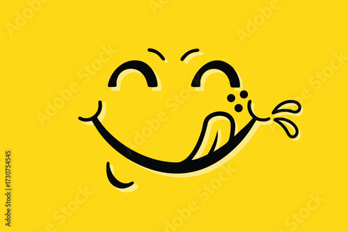 Yummy face smiley icon delicious with tongue lick mouth, tasty food eating emoticon face on yellow background, tasty emoji with saliva drops, smile vector cartoon line style
Yummy face smiley icon del