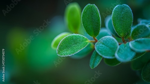 Close-up of fresh green leaves adorned with delicate dew droplets, set against a softly blurred forest backdrop,