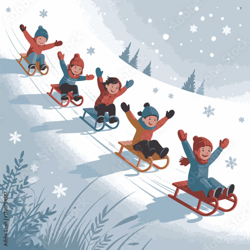 Kids Sledding Down Snowy Hill in Winter Landscape