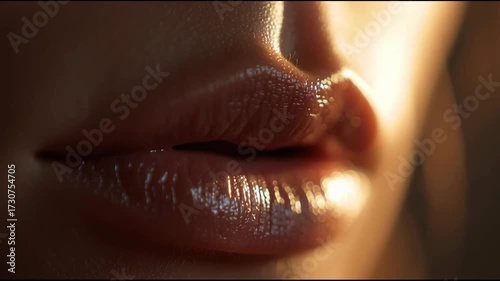Close-up of lips with glossy shine in soft light during a creative photoshoot session