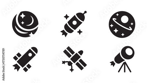 Space exploration icon set featuring rockets satellites and telescopes simple glyph vector design for science and technology infographics