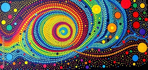 Rainbow swirl dot painting, vibrant aboriginal art , abstract,  pattern