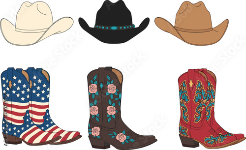 Western cowboy hats and boots collection, American flag design, floral embroidery, traditional style, rustic fashion accessories, cultural heritage vector illustration