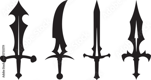Four Stylized Black Sword Silhouettes on White Background weapon blade