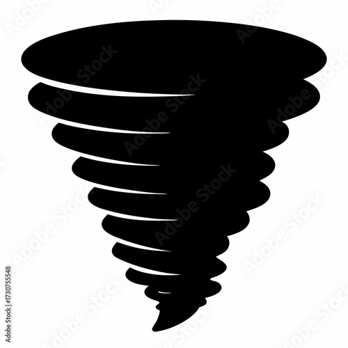 A stylized black silhouette depicts a powerful and destructive tornado vortex