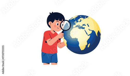 A young boy in a red shirt examines a globe with a magnifying glass, focusing on the continents.