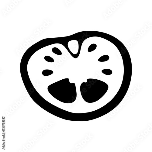 Black and white vector drawing of a sliced tomato with seeds
