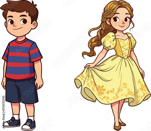 Cartoon children standing, striped shirt boy, floral dress girl, casual and princess style, character design, white background, stock illustration