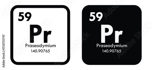 Praseodymium symbol. Chemical element of the periodic table. Vector illustration isolated on white background. Glass sign.