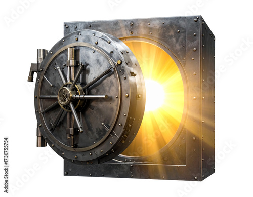 Classic Bank Vault Door Opened Showing Bright Light Inside